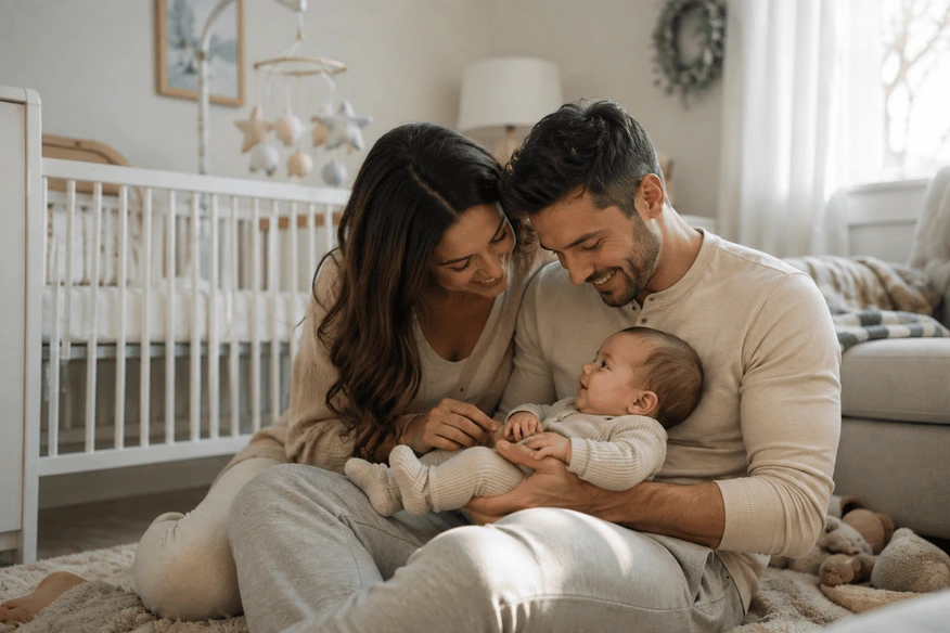 A family sharing a moment with their young child