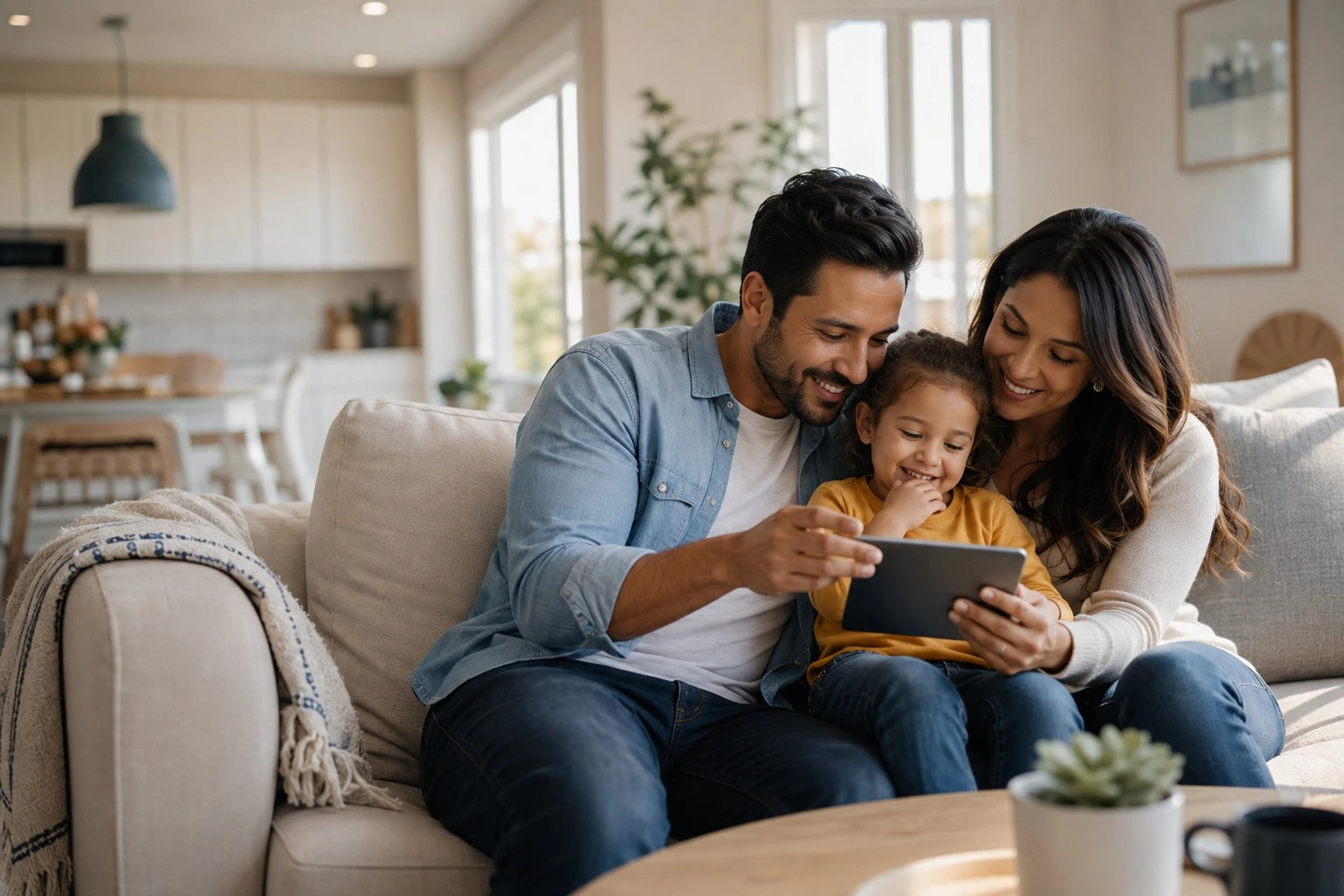 Parents revisiting family memories with their child