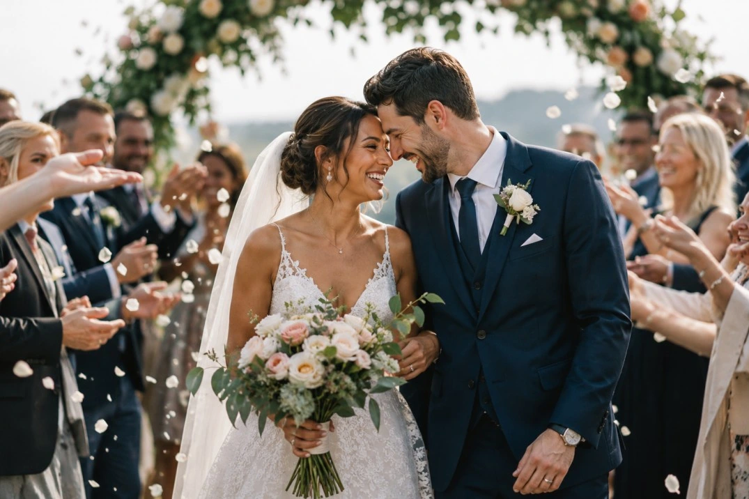 A couple celebrating their wedding, surrounded by the people they love